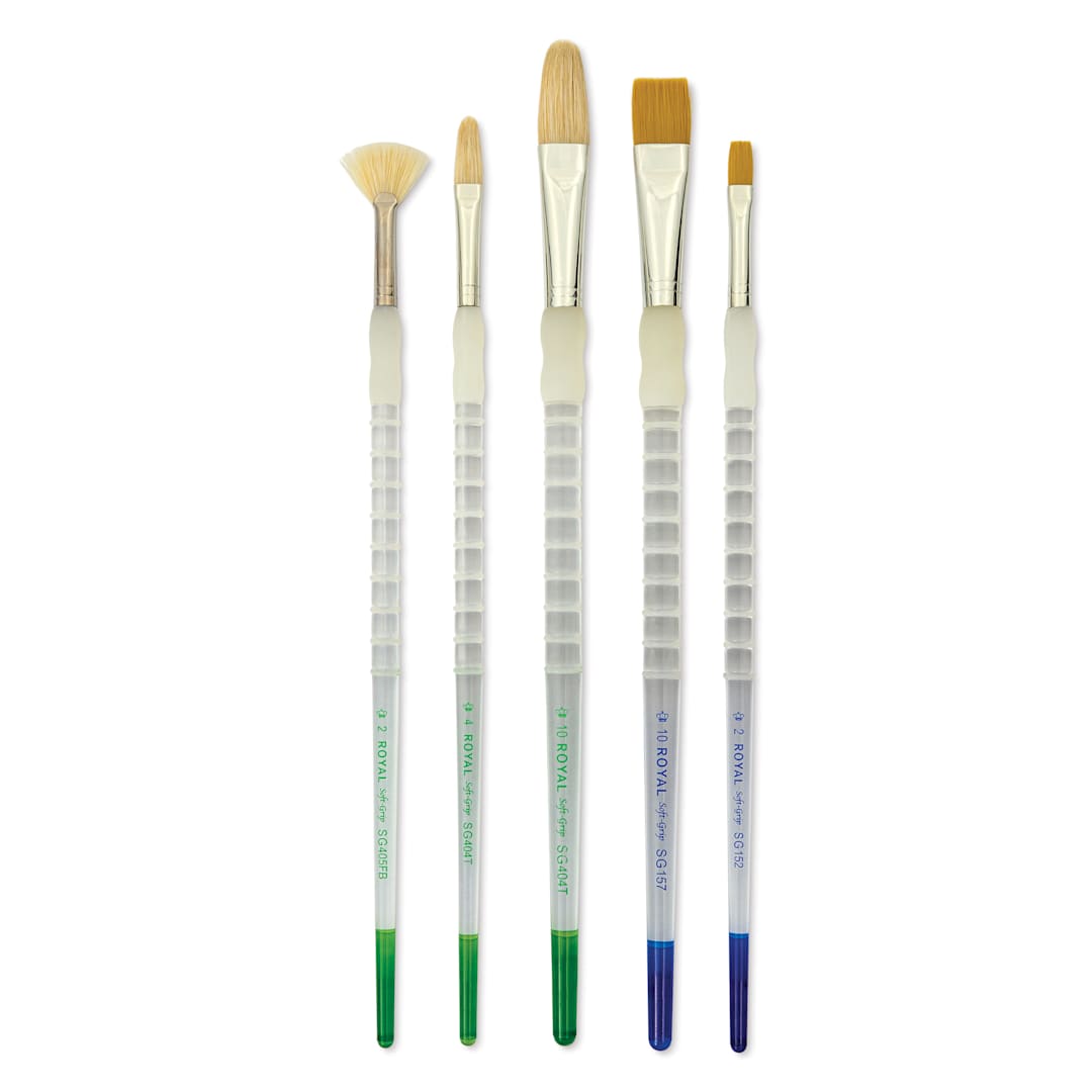 Open in modal - Royal & Langnickel Soft Grip White Bristle and Golden Taklon Brushes - Set 504, Set of 5