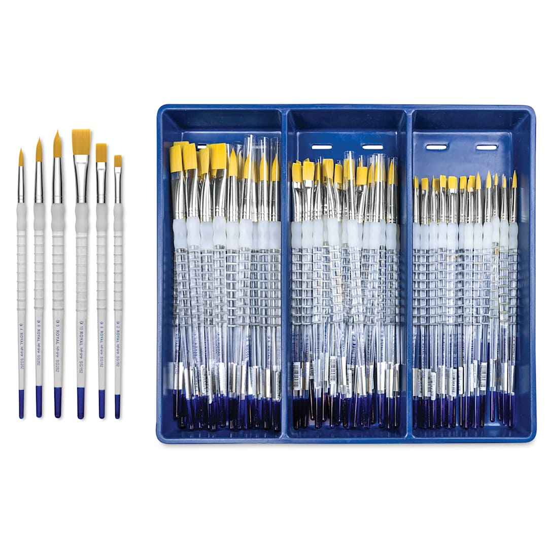 Open in modal - Royal Langnickel Soft Grip Golden Taklon Brush Set - Class Pack, Flats and Rounds, Set of 72