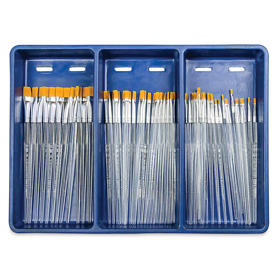 Open in modal - Royal Langnickel Clear Choice Brush Set - Golden Taklon, Flat, Set of 60, Short Handle, in open packaging