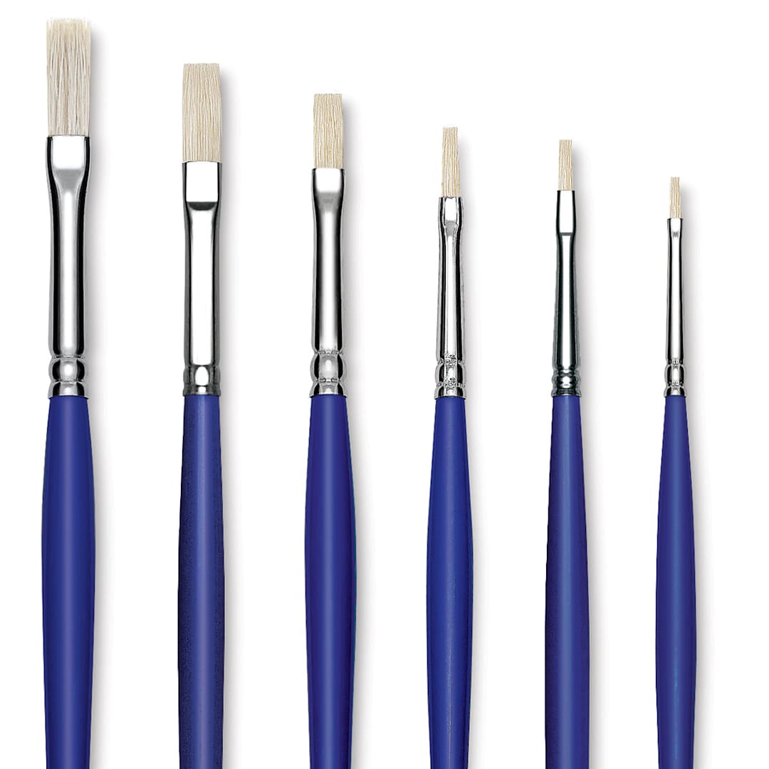 Open in modal - Blick Scholastic White Bristle Brush Set - Flat, Set of 6 close up