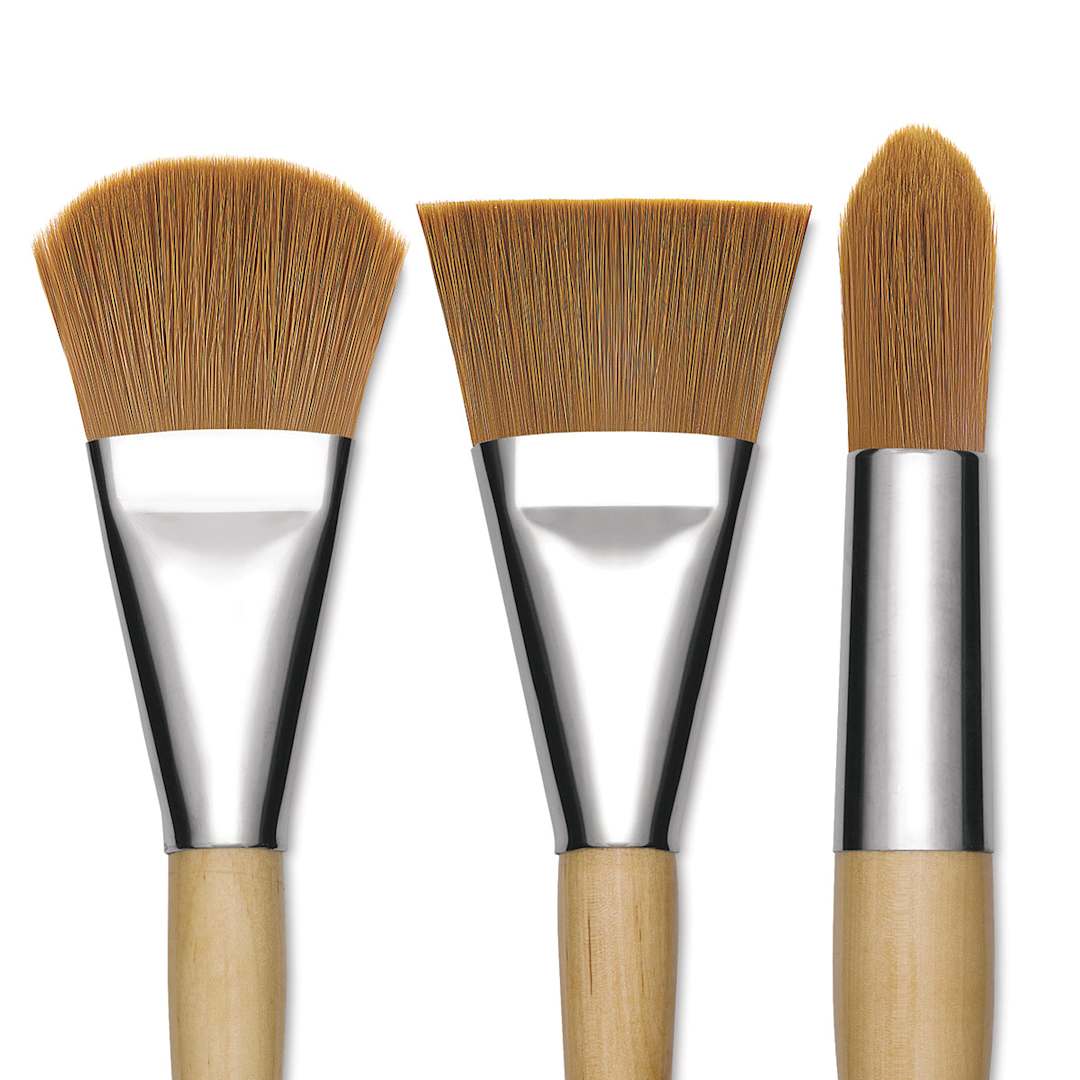 Open in modal - Blick Mega Golden Taklon Brushes - Closeup of Filbert, Flat and Round Brushes