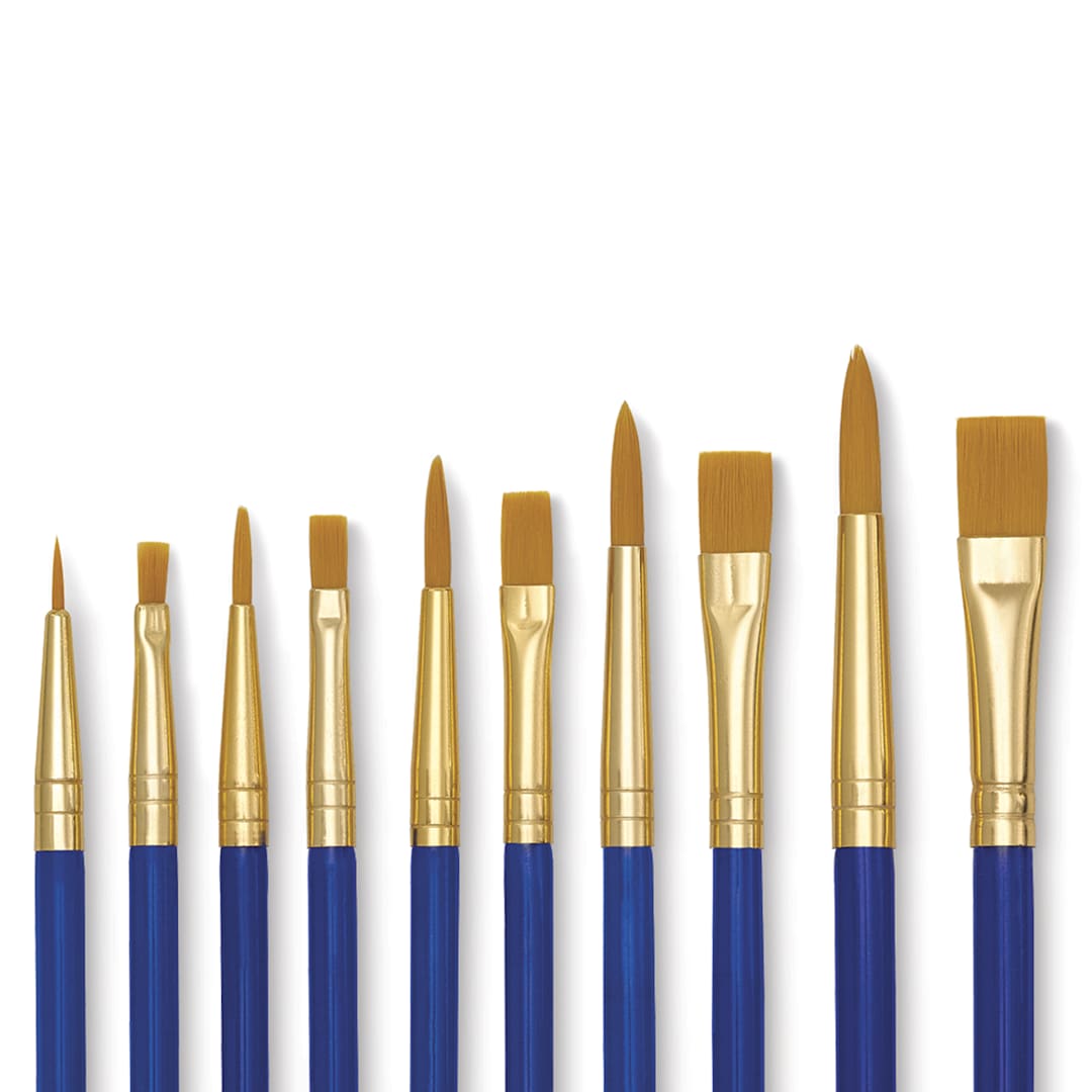 Open in modal - Royal Langnickel Golden Taklon Acrylic Handle Classroom Brush Assortments, Rounds and Flats, assorted sizes, Brush and Ferrule View