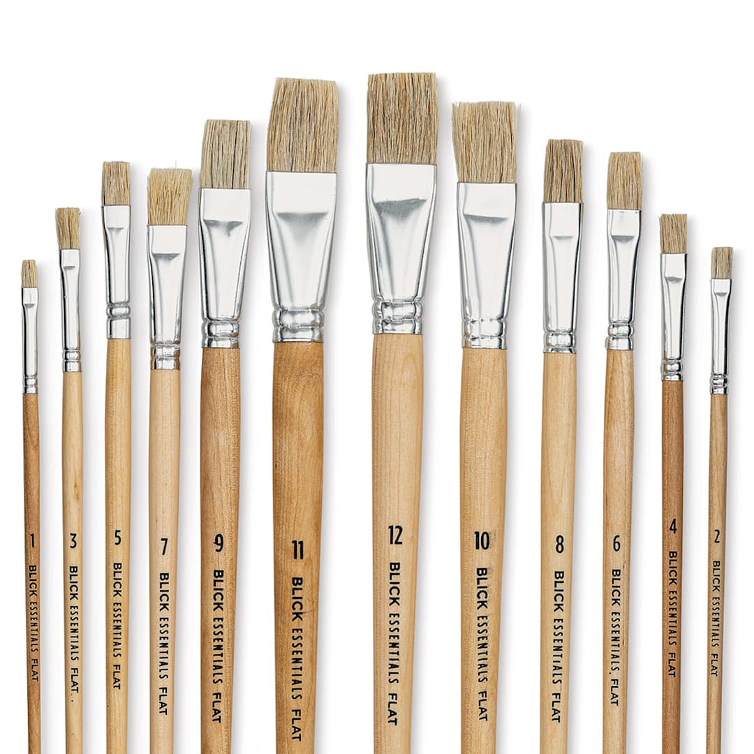Open in modal - Blick Essentials Value Brush Set - Flat Brushes, Bristle, Set of 12 (close-up of brushes)