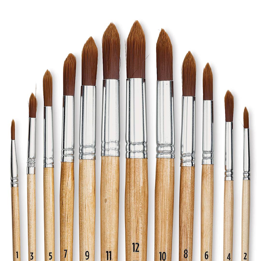 Open in modal - Blick Essentials Value Brush Set - Round Brushes, Brown Nylon, Set of 12, close up