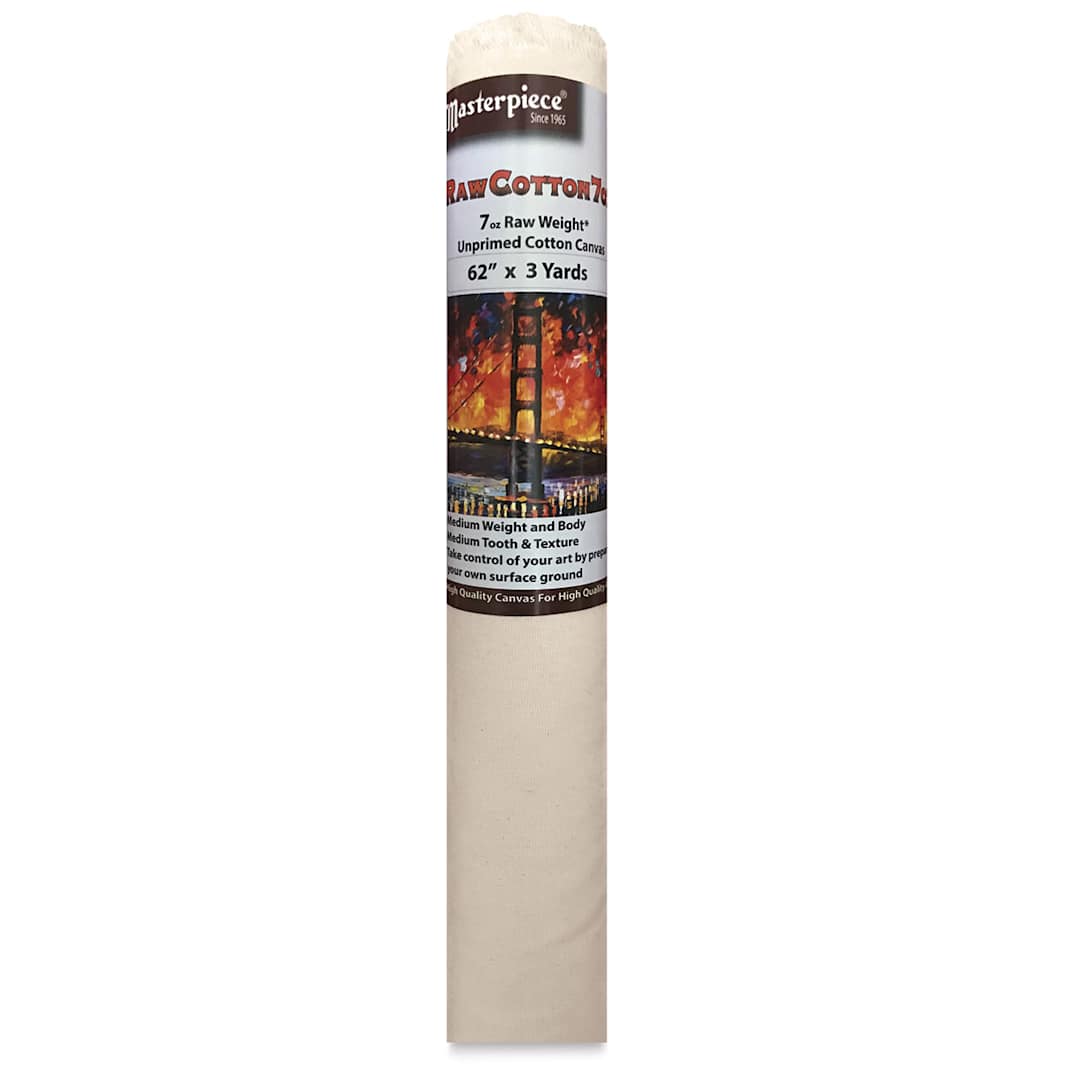 Open in modal - Masterpiece Raw 7 oz Cotton Canvas Rolls -  3 yd Roll upright with label
