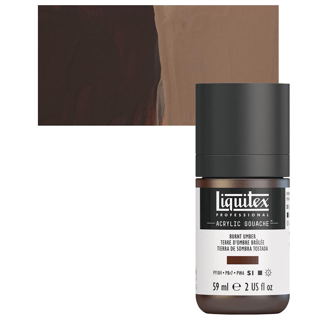 Open in modal - Liquitex Acrylic Gouache - Burnt Umber, 59 ml bottle and swatch