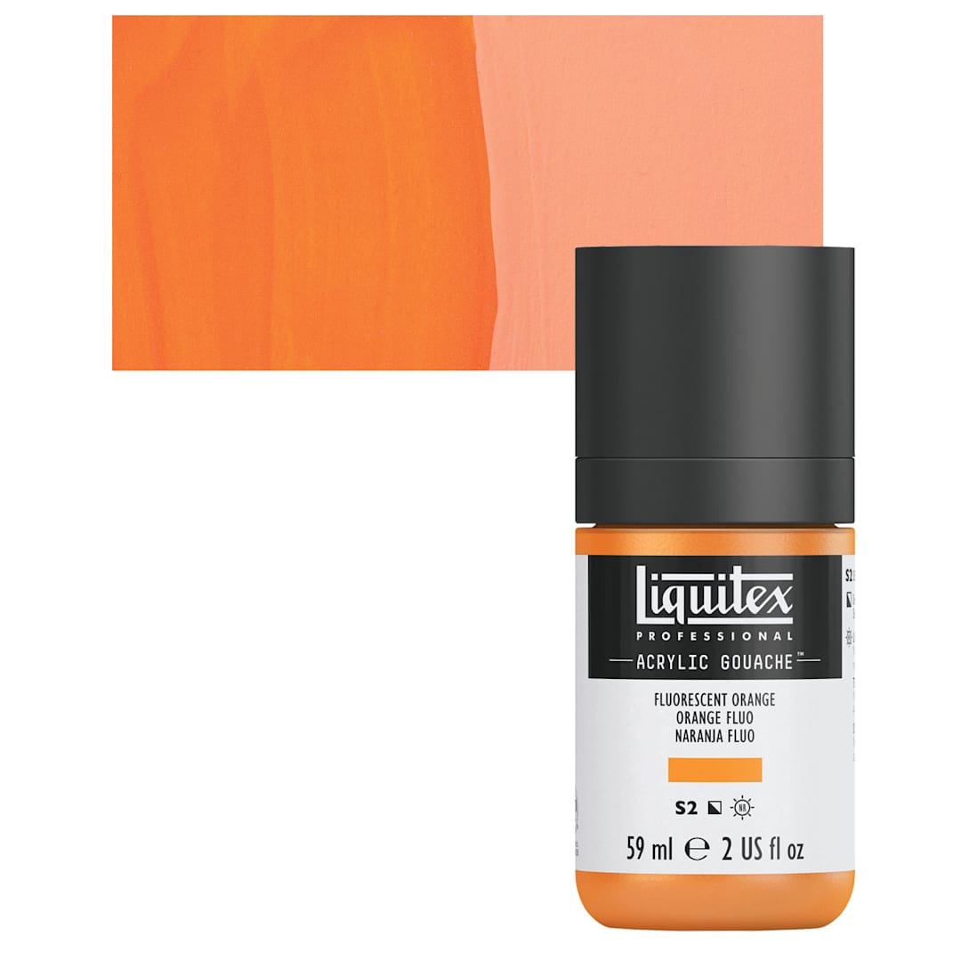 Open in modal - Liquitex Acrylic Gouache - Fluorescent Orange, 59 ml bottle and swatch