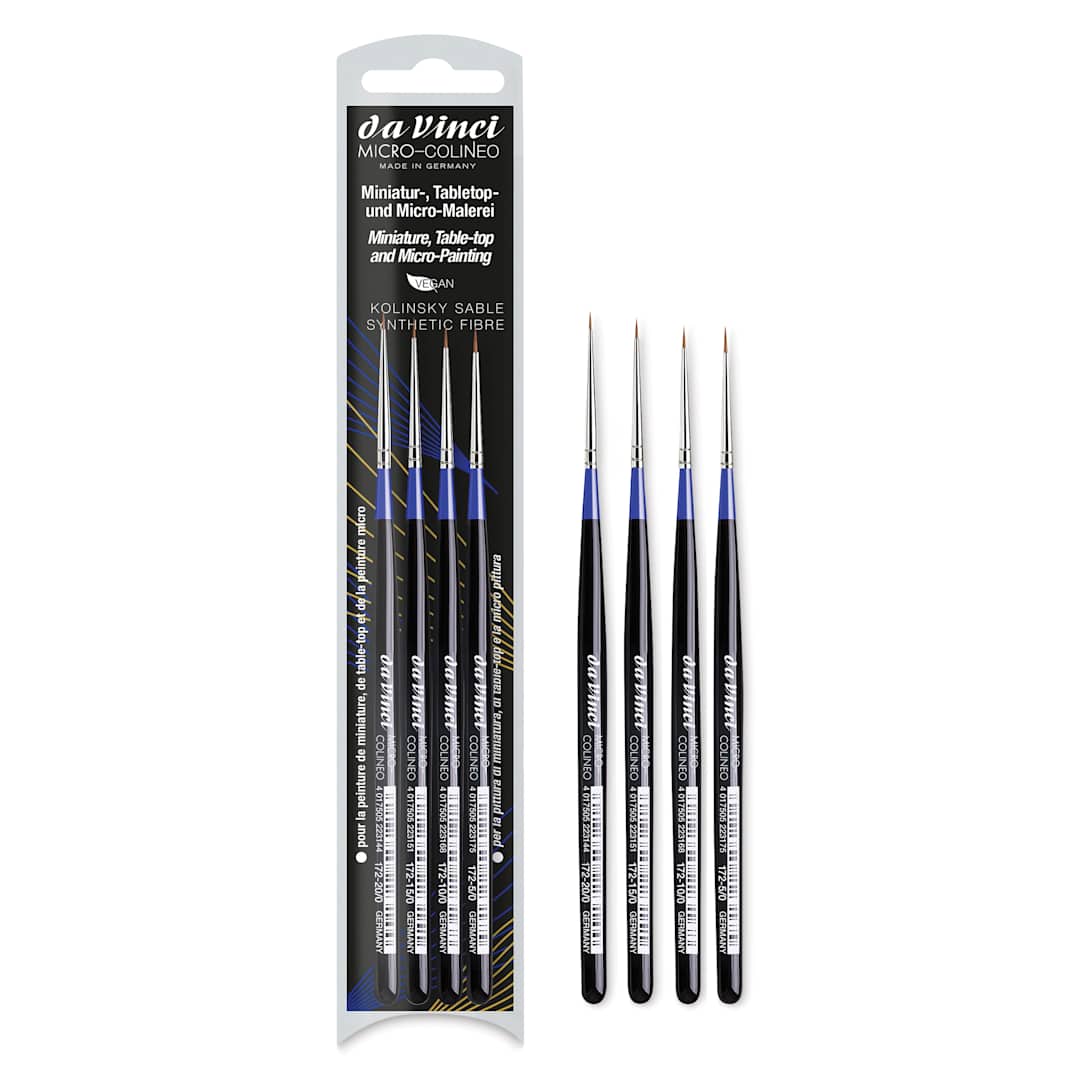 Open in modal - Da Vinci Micro Colineo Synthetic Kolinsky Sable Brushes - Set of 4, brushes in and out of packaging
