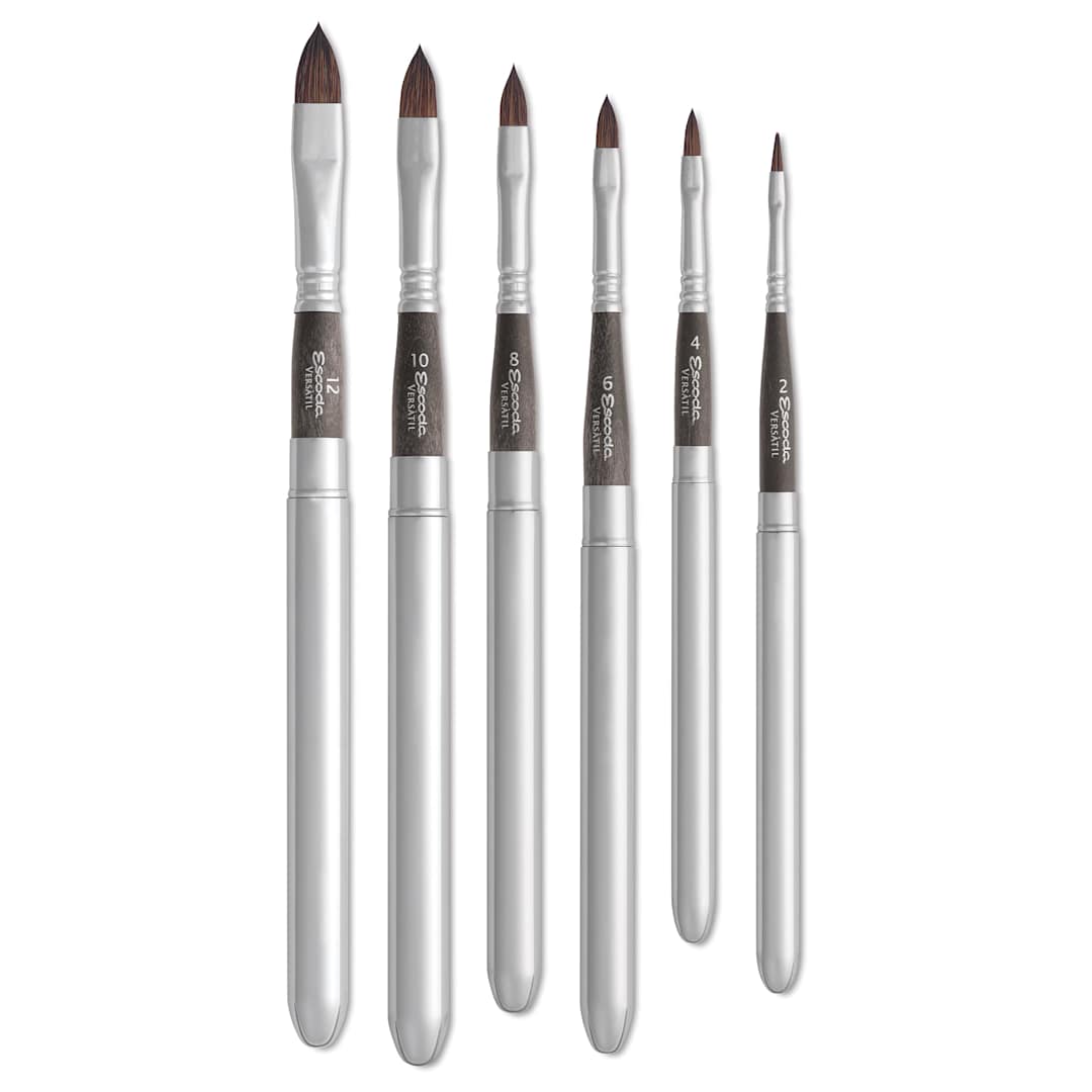 Open in modal - Escoda Versatil Travel Filbert Brushes of various sizes laid out