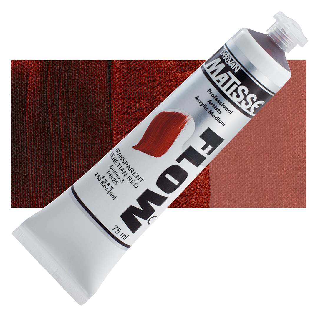 Open in modal - Matisse Flow Acrylic Paint - Transparent Venetian Red, 75 ml tube and swatch