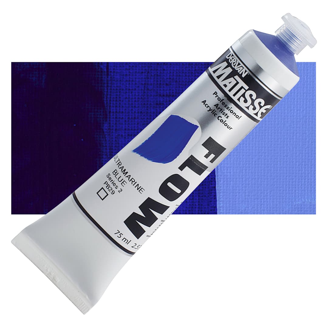 Open in modal - Matisse Flow Acrylic Paint - Ultramarine Blue, 75 ml tube and swatch