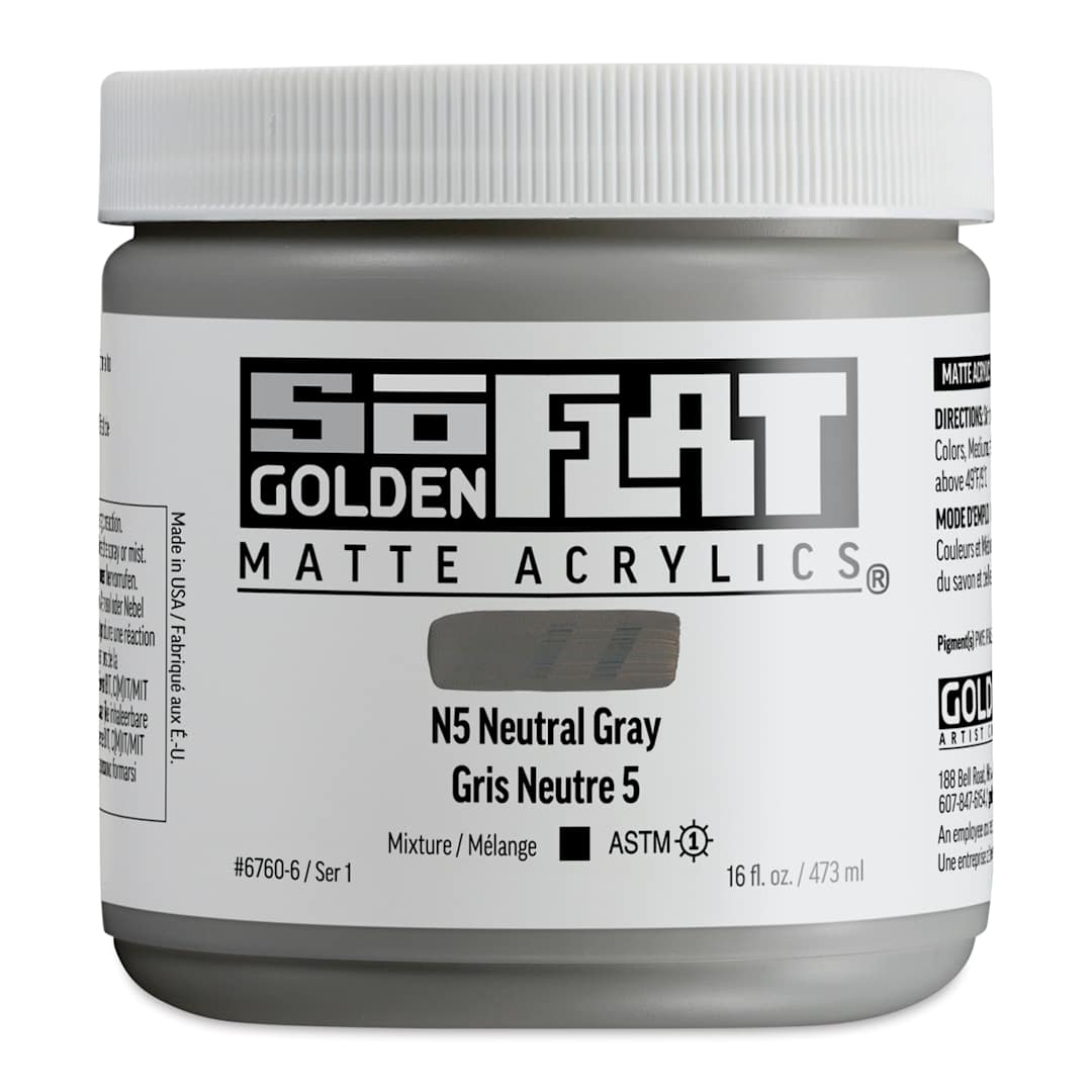 Open in modal - Golden SoFlat Matte Acrylic Paint - N5 Neutral Gray, 473 ml, Jar and swatch