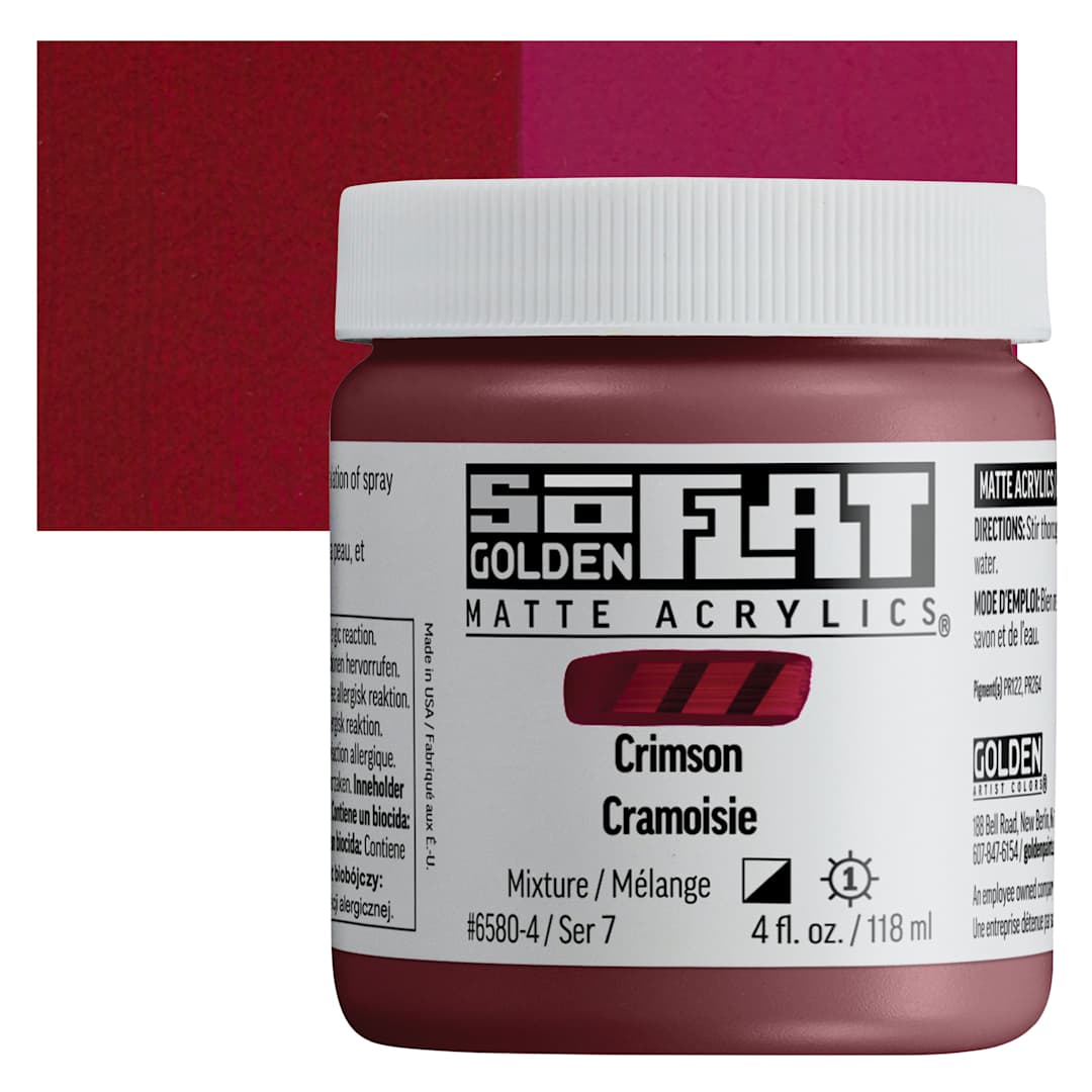 Open in modal - Golden SoFlat Matte Acrylic Paint - Crimson, 118 ml, Jar and swatch