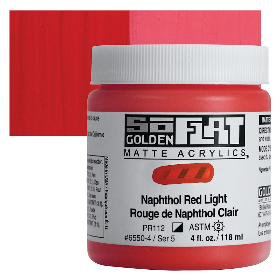 Open in modal - Golden SoFlat Matte Acrylic Paint - Naphthol Red Light, 118 ml, Jar and swatch