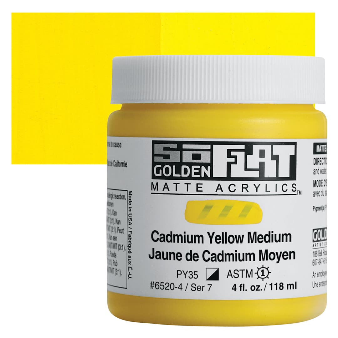 Open in modal - Golden SoFlat Matte Acrylic Paint - Cadmium Yellow Medium, 118 ml, Jar and swatch