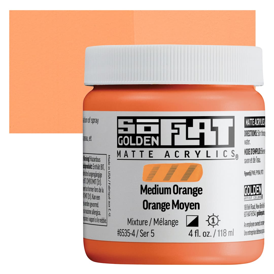 Open in modal - Golden SoFlat Matte Acrylic Paint - Medium Orange, 118 ml, Jar and swatch