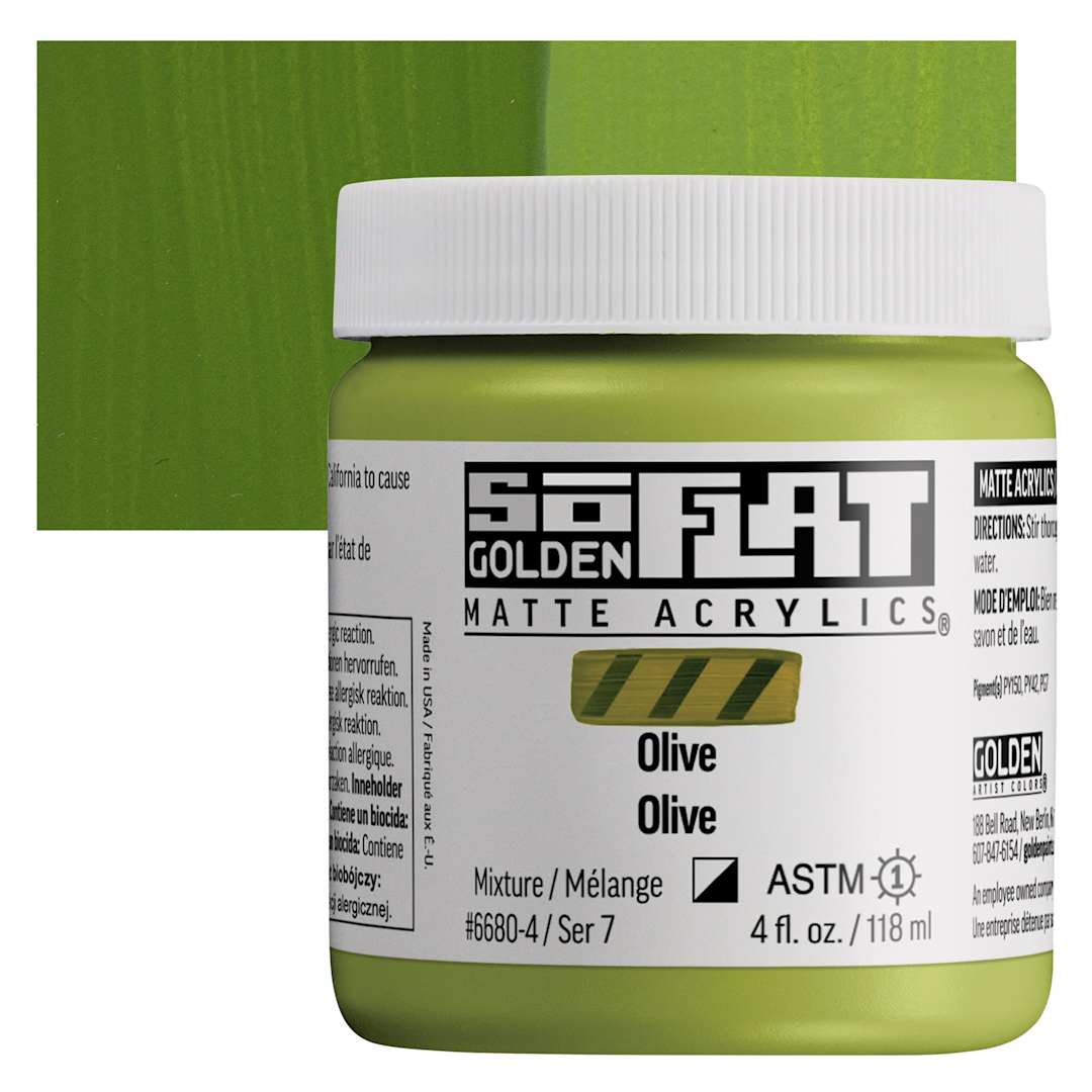 Open in modal - Golden SoFlat Matte Acrylic Paint - Olive, 118 ml, Jar and swatch