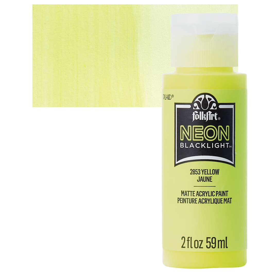 Open in modal - FolkArt Multi-Surface Neon Blacklight Acrylic Paint - Yellow, 2 oz, Bottle and swatch