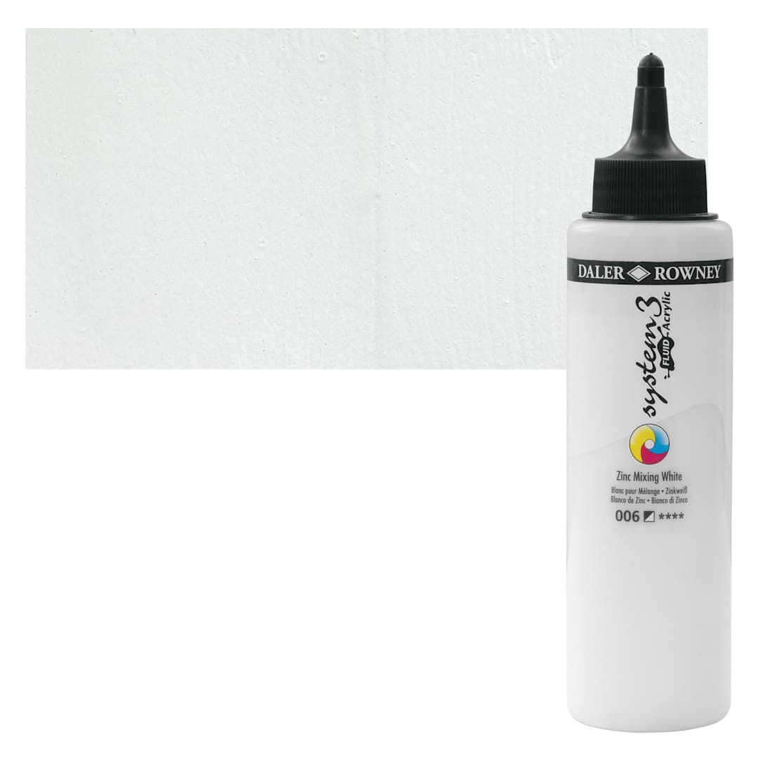 Open in modal - Daler-Rowney System3 Fluid Acrylic - Zinc Mixing White, 250 ml bottle and swatch