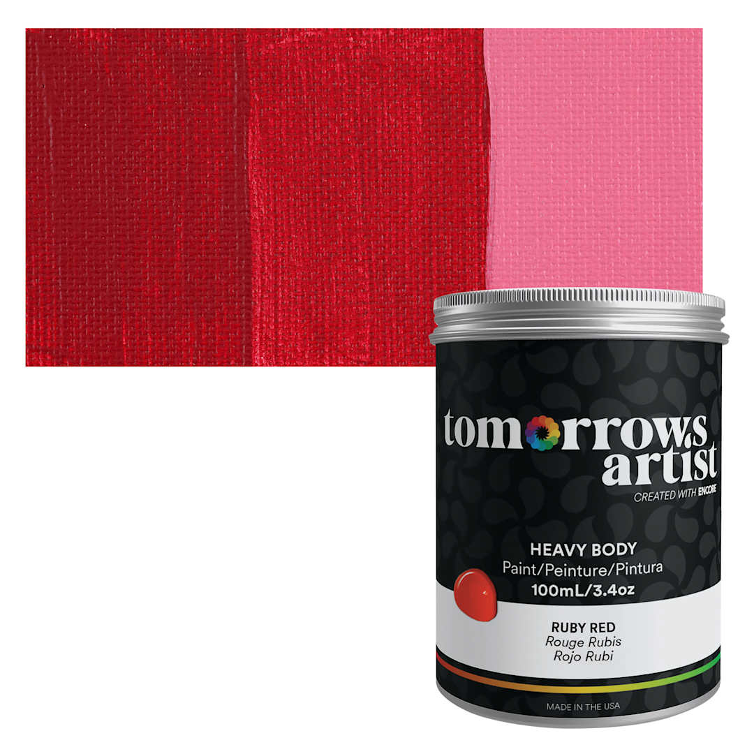 Open in modal - Tomorrow's Artist Eco-Friendly Heavy Body Acrylic Paint - Ruby Red, 100 ml jar and swatch