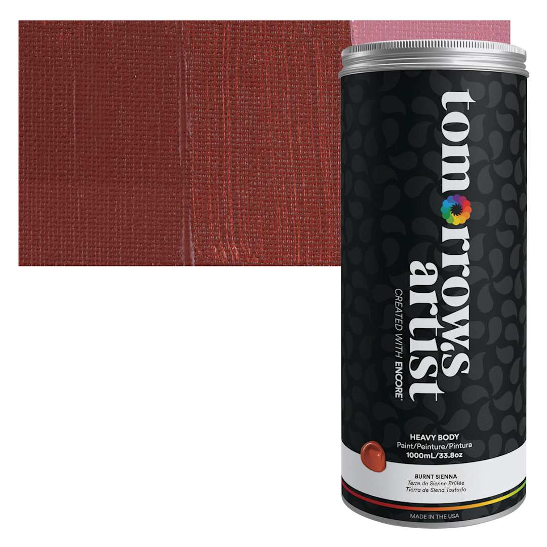 Open in modal - Tomorrow's Artist Eco-Friendly Heavy Body Acrylic Paint - Burnt Sienna, 1 L jar and swatch