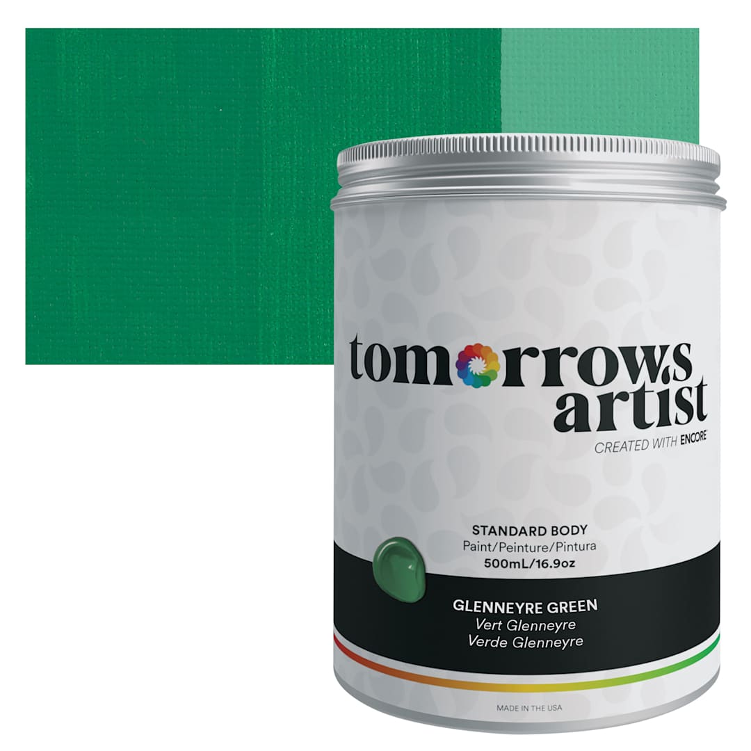 Open in modal - Tomorrow's Artist Eco-Friendly Standard Body Acrylic Paint - Glennerye Green, 500 ml jar and swatch