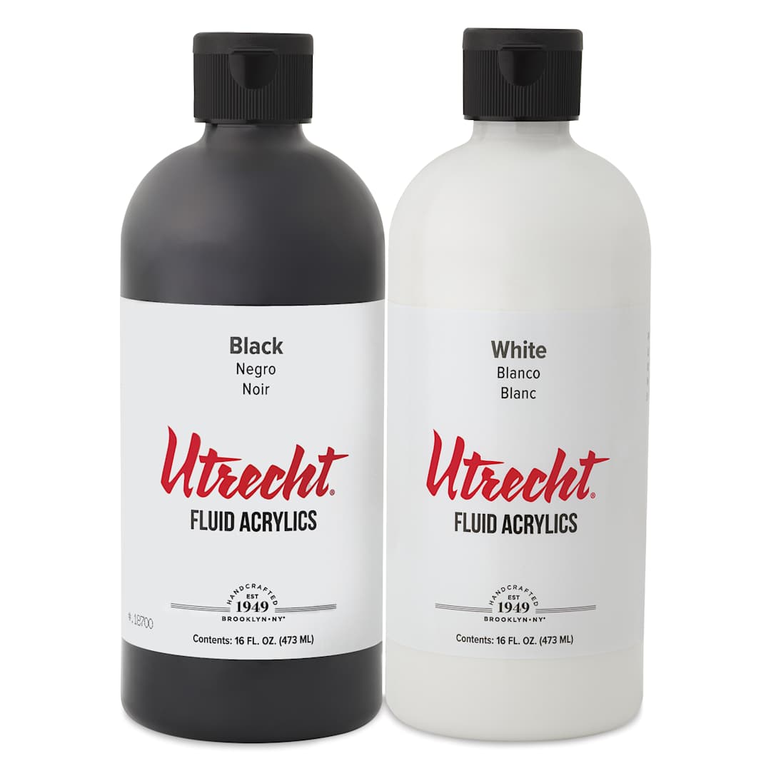 Open in modal - Utrecht Fluid Acrylics shown in Intense Black and Titanium White