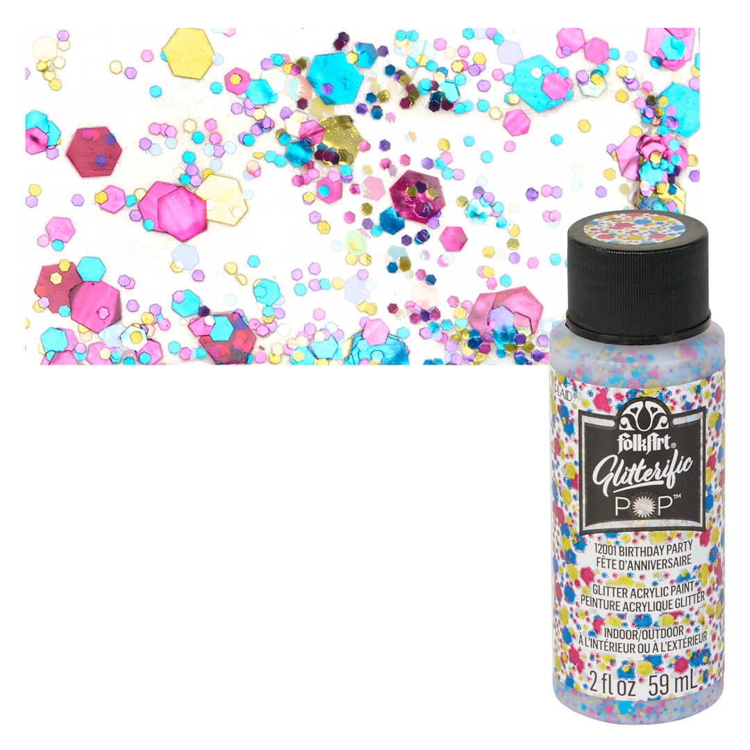 Open in modal - FolkArt Glitterific Pop Acrylic Paint - Birthday Party - Bottle and Swatch