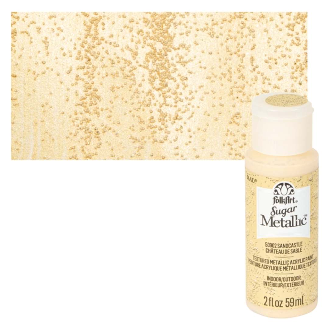 Open in modal - Plaid FolkArt Sugar Metallic Acrylic Paint - Sandcastle - Bottle and Swatch