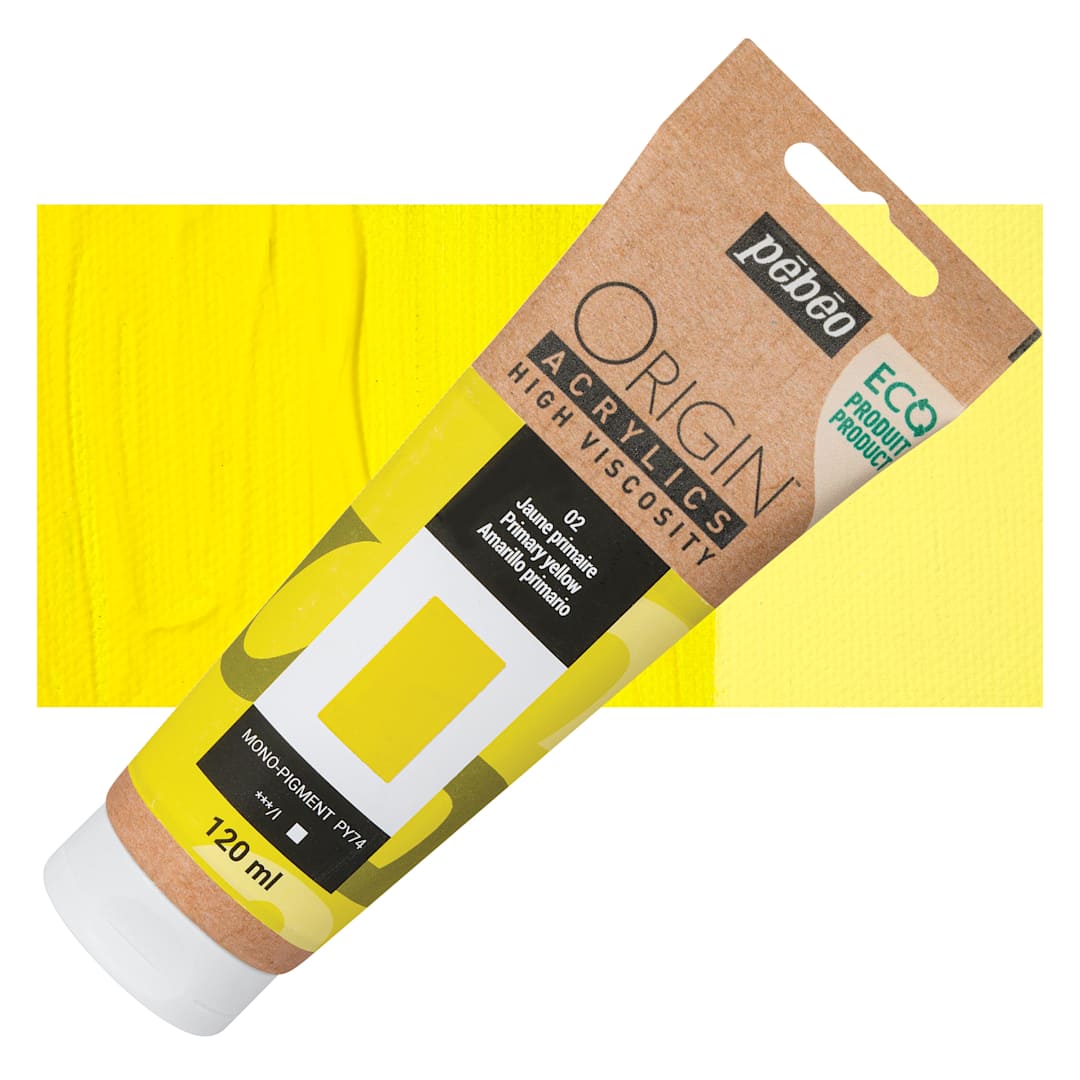 Open in modal - Pebeo Origin Acrylic Paint - Primary Yellow, 120 ml tube and swatch