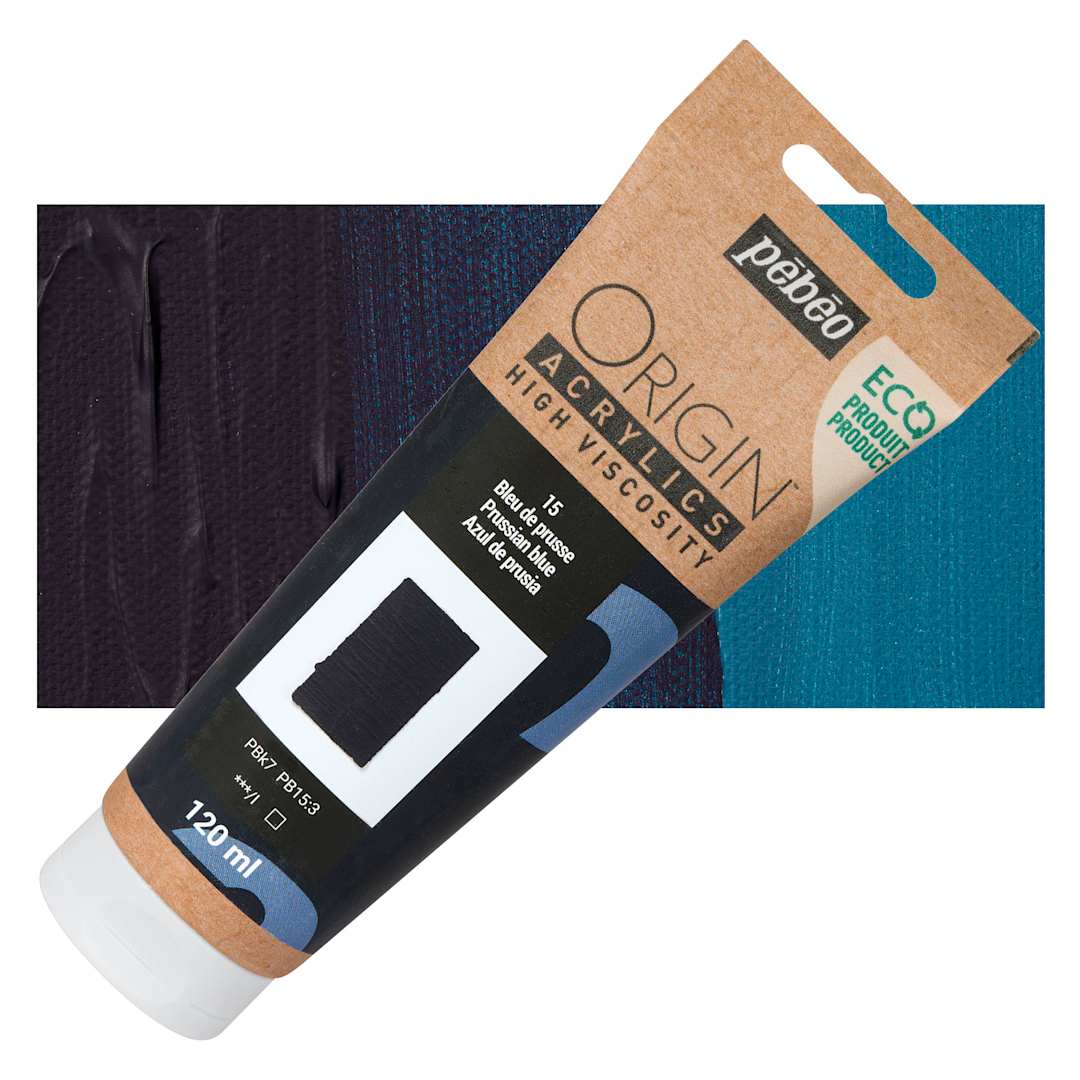 Open in modal - Pebeo Origin Acrylic Paint - Prussian Blue, 120 ml tube and swatch