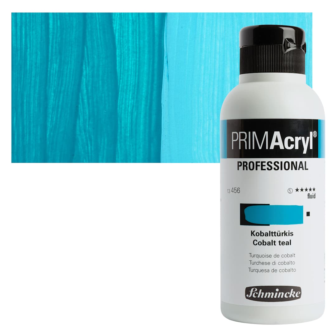 Open in modal - Schmincke Primacryl Professional Fluid Acrylic - Cobalt Teal, 250 ml bottle and swatch