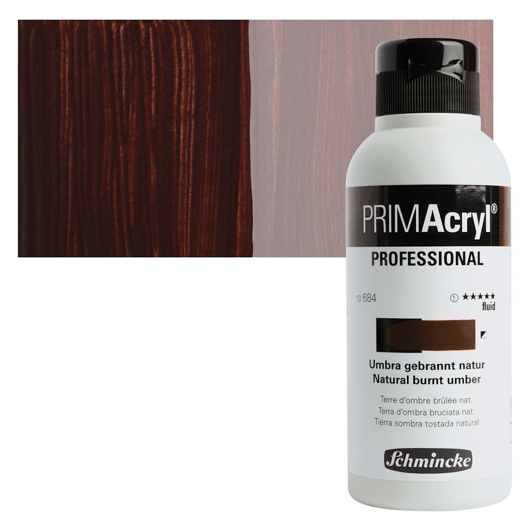 Open in modal - Schmincke Primacryl Professional Fluid Acrylic - Natural Burnt Umber, 250 ml bottle and swatch