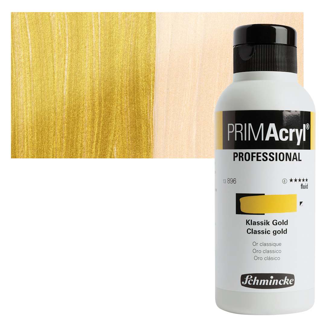 Open in modal - Schmincke Primacryl Professional Fluid Acrylic - Classic Gold, 250 ml bottle and swatch