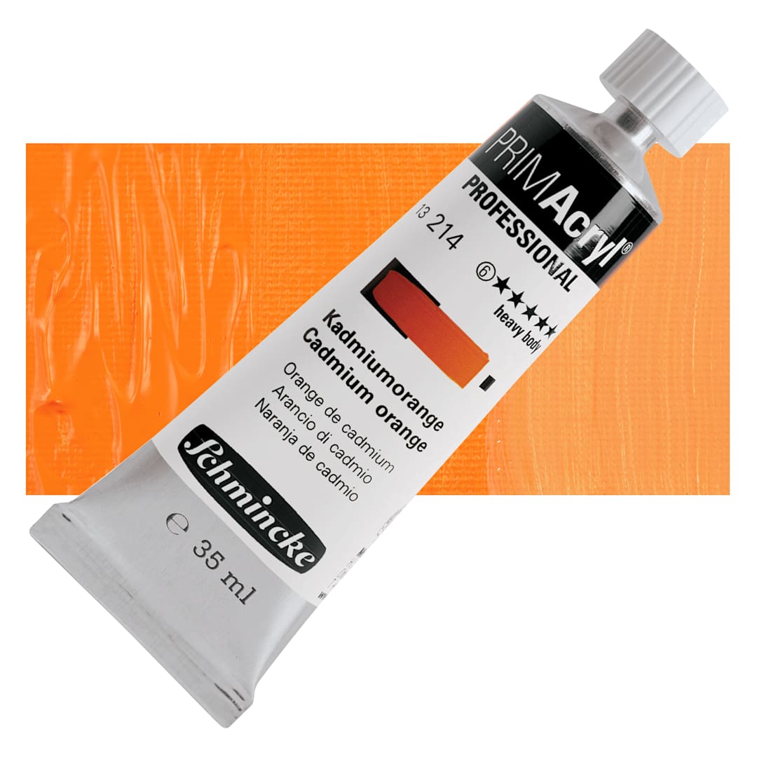 Open in modal - Schmincke Primacryl Professional Acrylic Paint - Cadmium Orange, 35 ml Tube and swatch