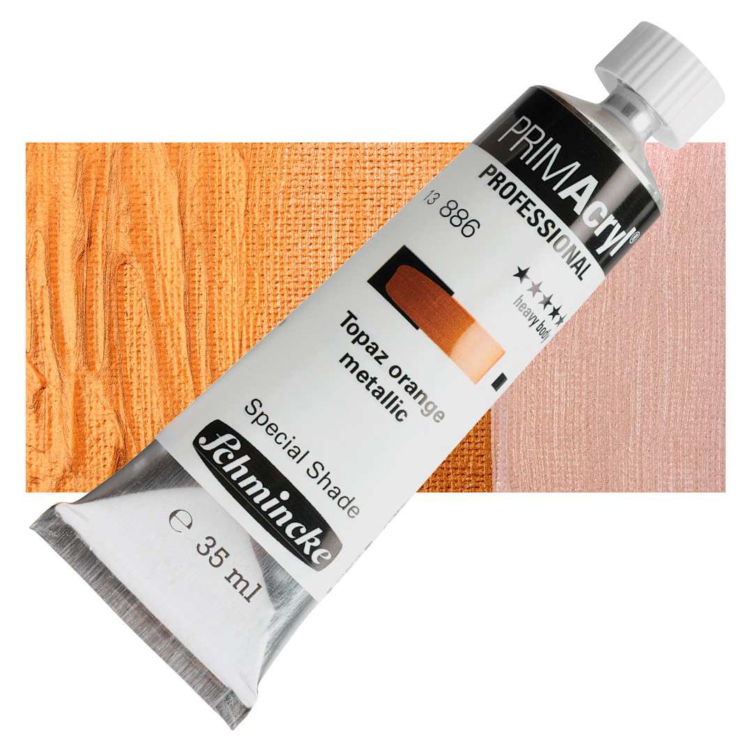 Open in modal - Schmincke Primacryl Professional Acrylic Paint - Topaz Orange Metallic, 35 ml Tube and swatch