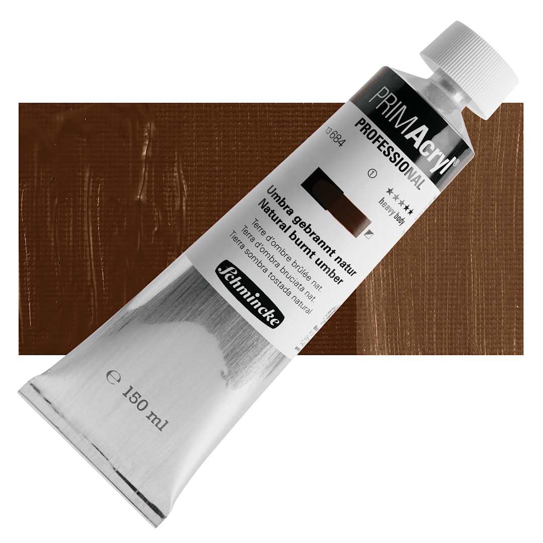 Open in modal - Schmincke Primacryl Professional Acrylic Paint - Natural Burnt Umber, 150 ml Tube and swatch