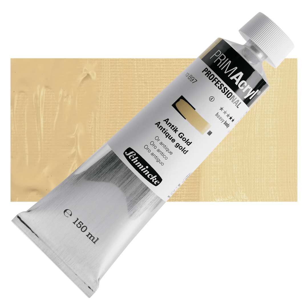 Open in modal - Schmincke Primacryl Professional Acrylic Paint - Antique Gold, 150 ml Tube and swatch