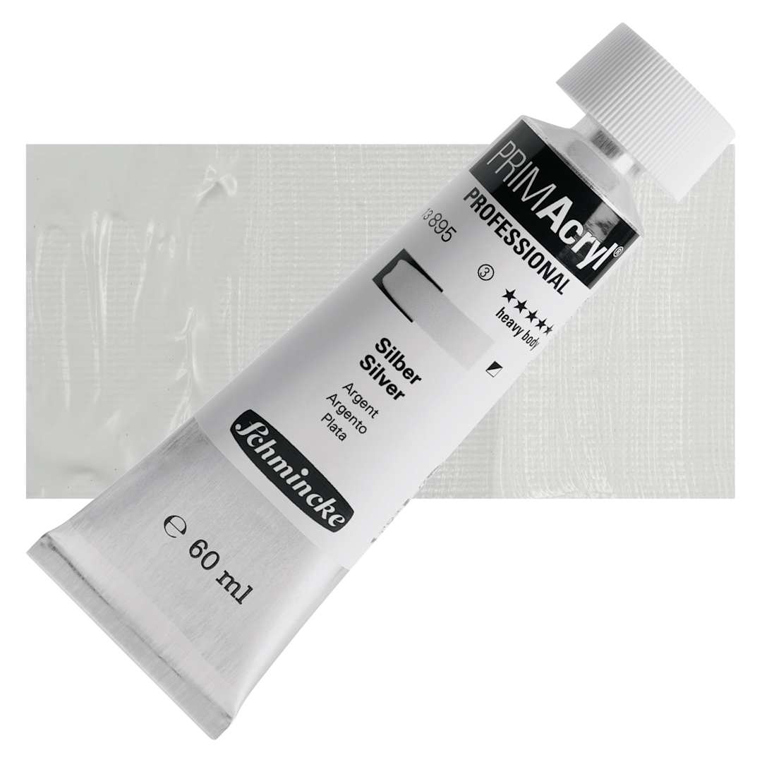 Open in modal - Schmincke Primacryl Professional Acrylic Paint - Silver, 60 ml Tube and swatch