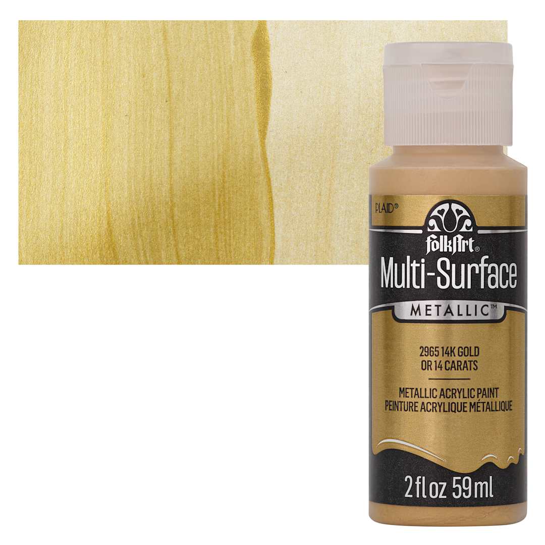 Open in modal - FolkArt Multi-Surface Metallic Acrylic Paint - 14K Gold, 59 ml bottle and swatch
