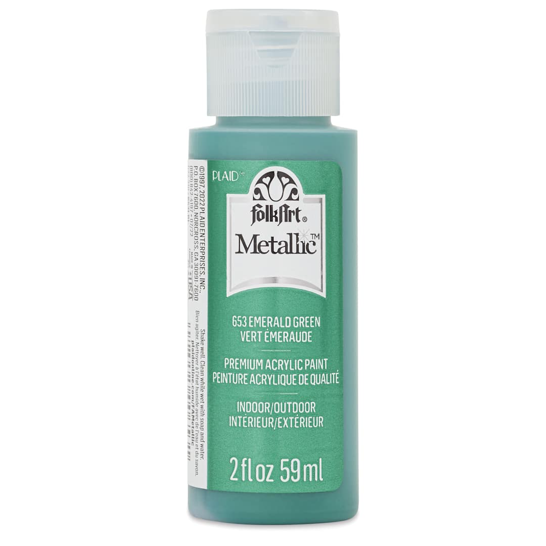 Open in modal - FolkArt Metallic Acrylic Paint - Emerald Green, 59 ml - front of bottle