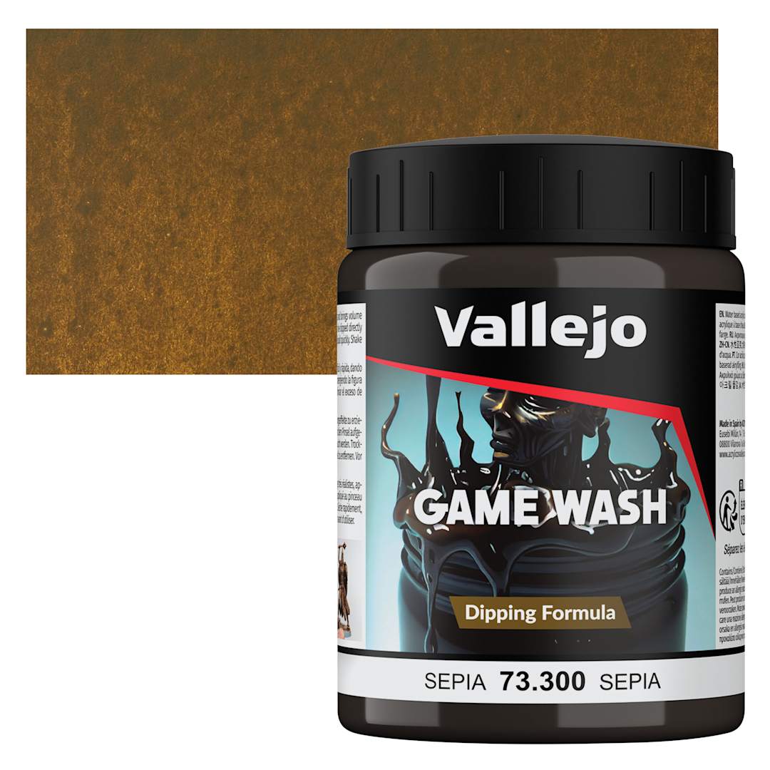 Open in modal - Vallejo Game Color Fluid Acrylic Wash - Sepia, 200 ml jar and swatch