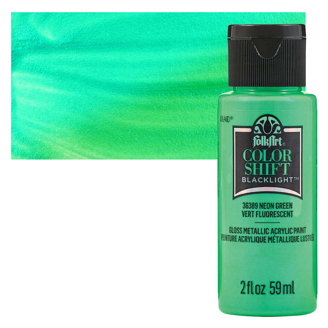 Open in modal - FolkArt Colorshift Blacklight Acrylic Paint - Green, 2 oz bottle and swatch