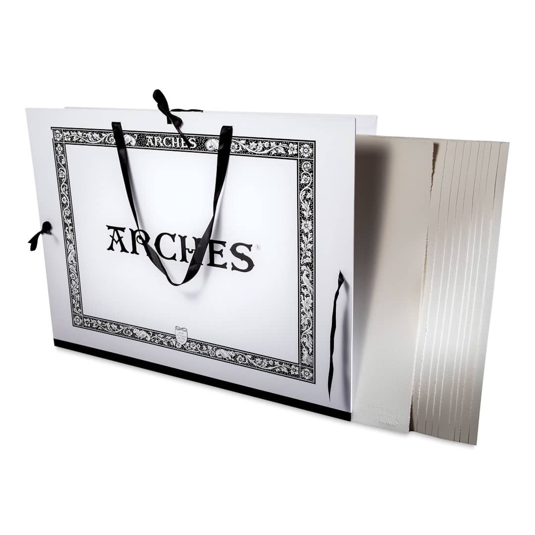 Open in modal - Arches Aquarelle Watercolor Sheets and Portfolio Set - Blick Exclusive! 22" x 30", 140 lb, Cold Press, 10 Sheets, angled view