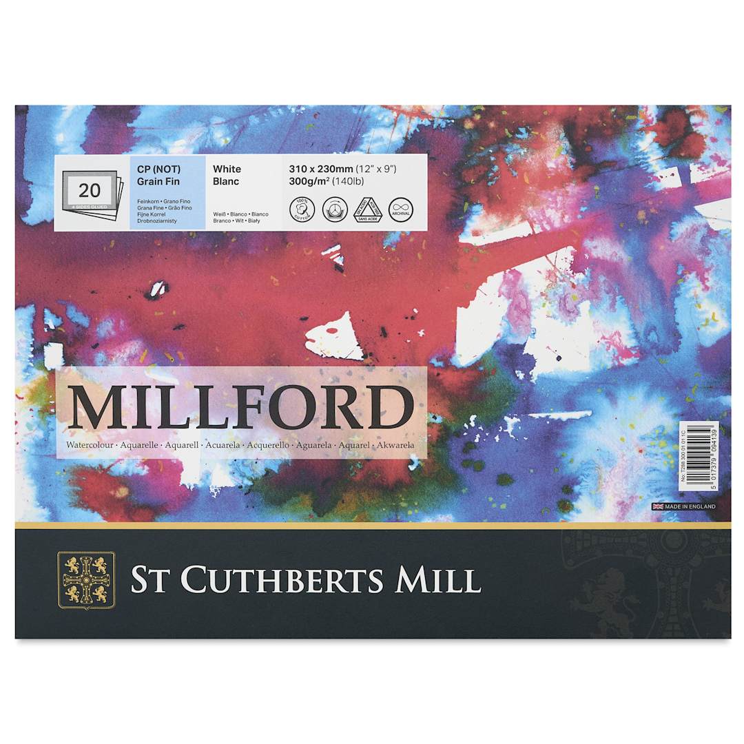 Open in modal - St Cuthbert's Millford Watercolor Paper Block - 9" x 12", Cold Press, 140 lb, 20 sheets, front of packaging