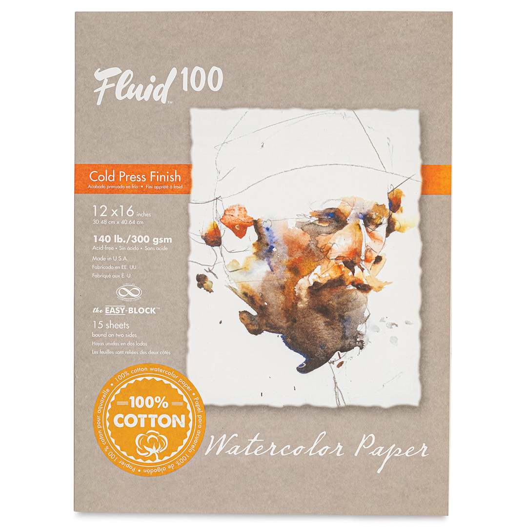 Open in modal - Fluid 100 Watercolor Paper Block - 12" x 16", Pkg of 15 Sheets, 140 lb, Cold Press