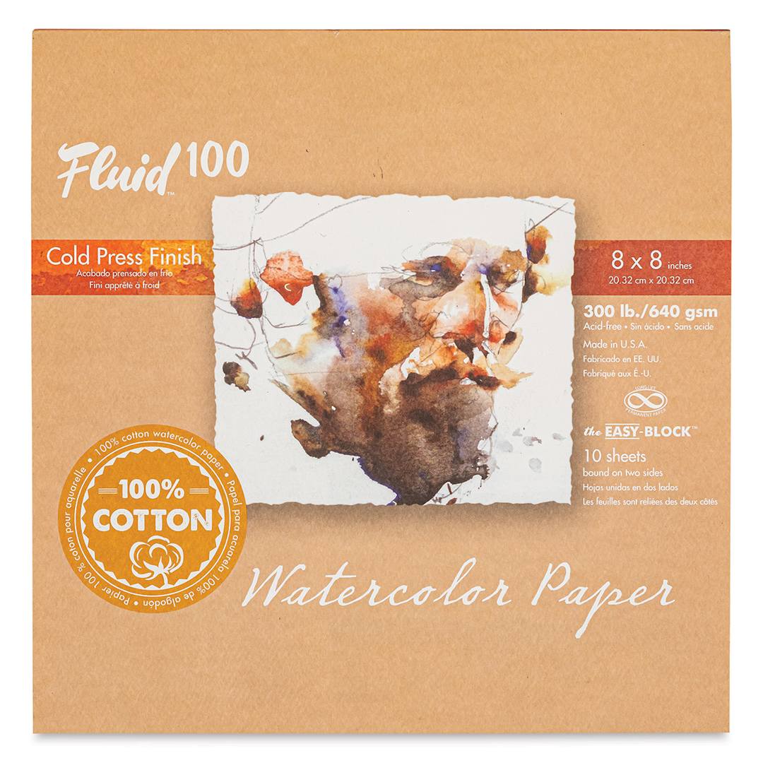 Open in modal - Fluid 100 Watercolor Paper Block - 8" x 8", Pkg of 10 Sheets, 300 lb, Cold Press
