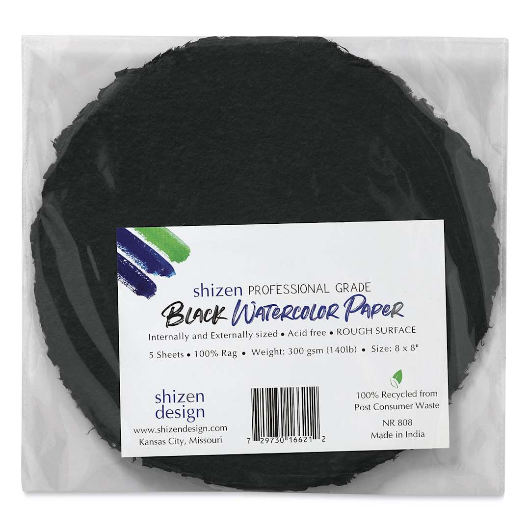 Open in modal - Shizen Black Watercolor Paper - 8" Round, Cold Press/Rough, 5 Sheet Pkg in package