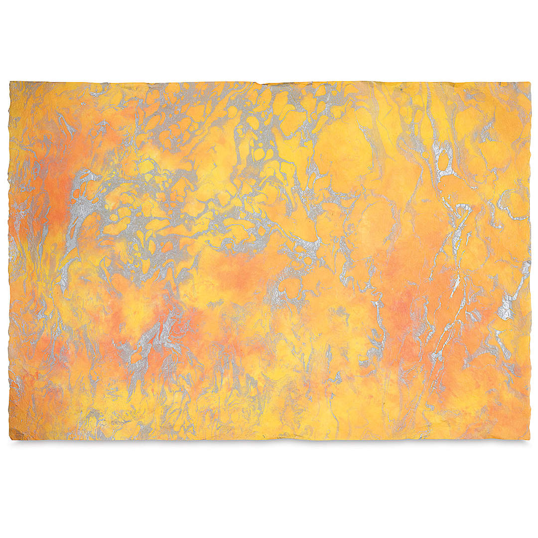 Open in modal - Black Ink Thai Marbled Momi Decorative Paper  - 24" x 36", Peach, Yellow, and Silver