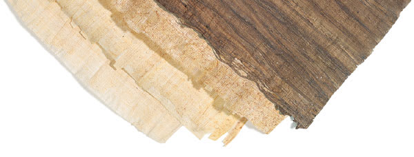 Open in modal - Black Ink Egyptian Papyrus Papers - Closeup of corners of several shades of Papyrus
